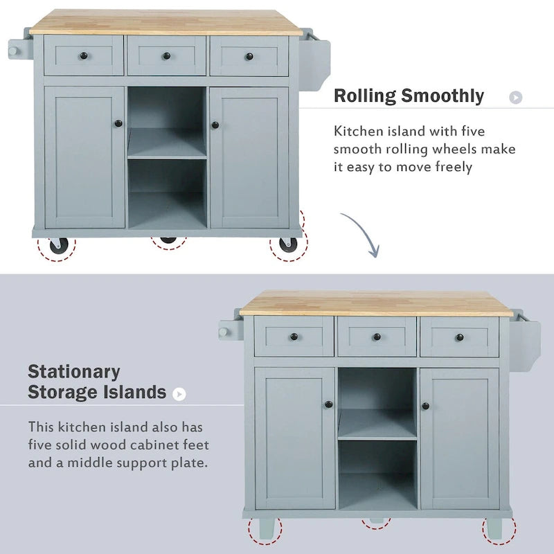 Kitchen Cart with Rubber wood Drop-Leaf Countertop ,Cabinet Door Internal Storage Racks