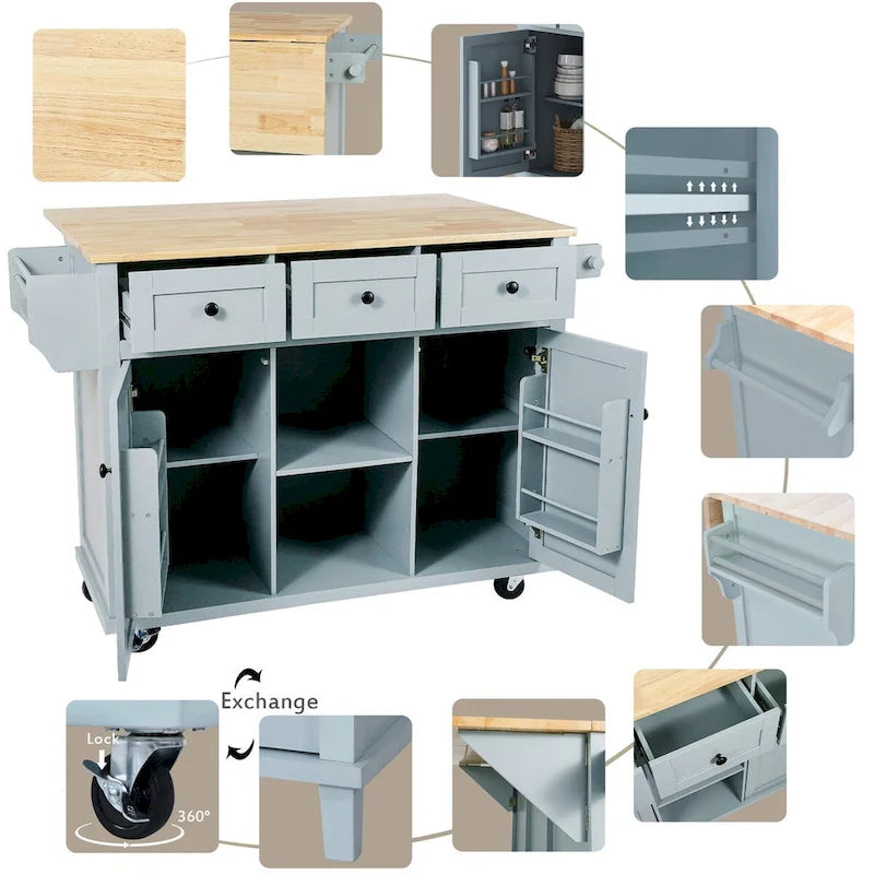Kitchen Cart with Rubber wood Drop-Leaf Countertop ,Cabinet Door Internal Storage Racks