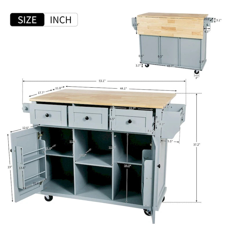 Kitchen Cart with Rubber wood Drop-Leaf Countertop ,Cabinet Door Internal Storage Racks