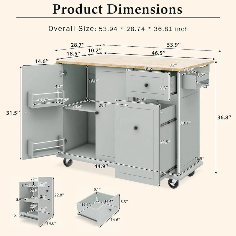 53.9 Width Rolling Kitchen Cart on Wheels with Internal Storage Rack and 3 Tier Pull Out Cabinet Organizer