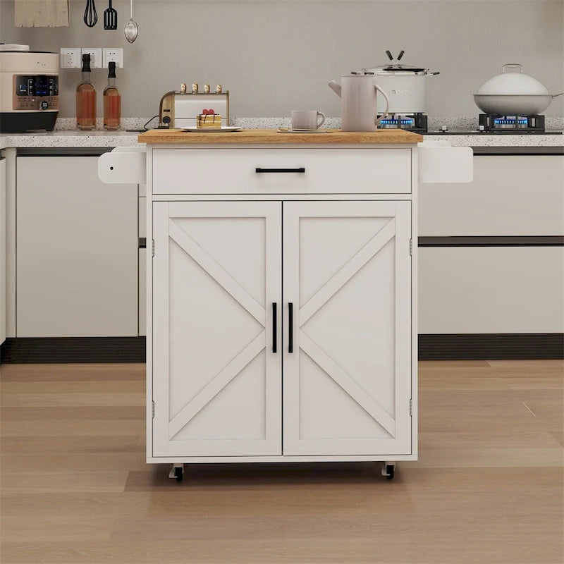 Kitchen Island Rolling Trolley Cart w/Adjustable Shelves,Wood Tabletop