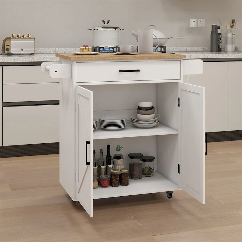 Kitchen Island Rolling Trolley Cart w/Adjustable Shelves,Wood Tabletop