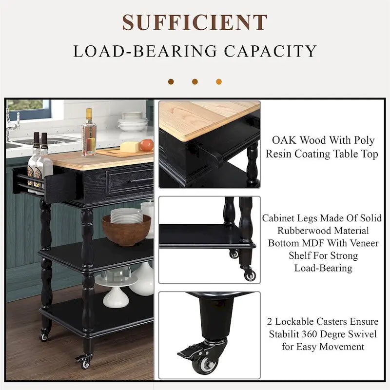 Rolling OAK Wood Top Kitchen Cart with Wine Rack and 2 Drawers