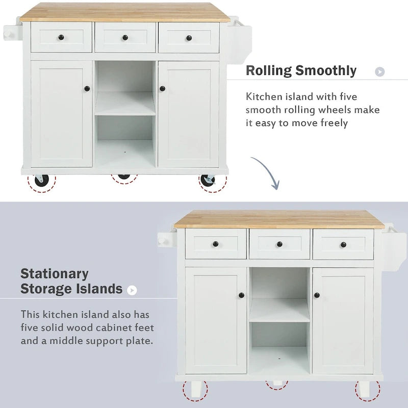Kitchen Cart with Rubber Wood Drop-Leaf Countertop , Internal Storage Racks