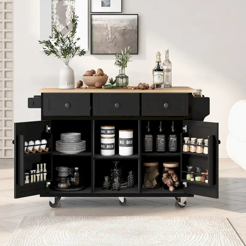 Kitchen Cart with Rubber Wood Drop-Leaf Countertop , Internal Storage Racks