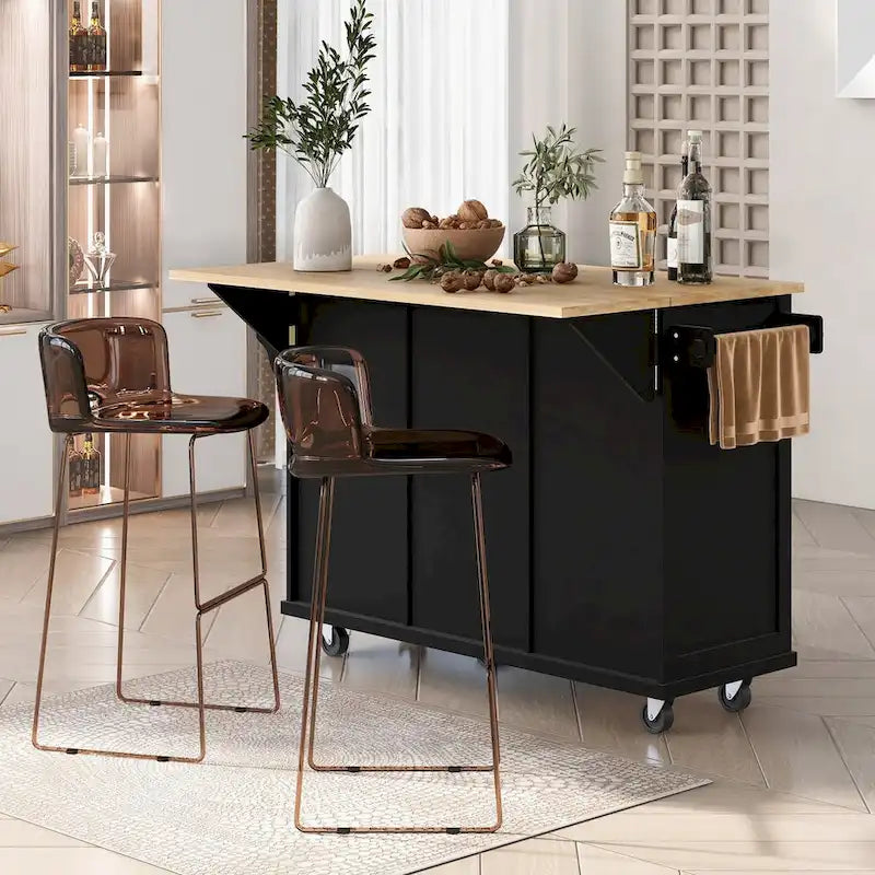Kitchen Cart with Rubber Wood Drop-Leaf Countertop , Internal Storage Racks