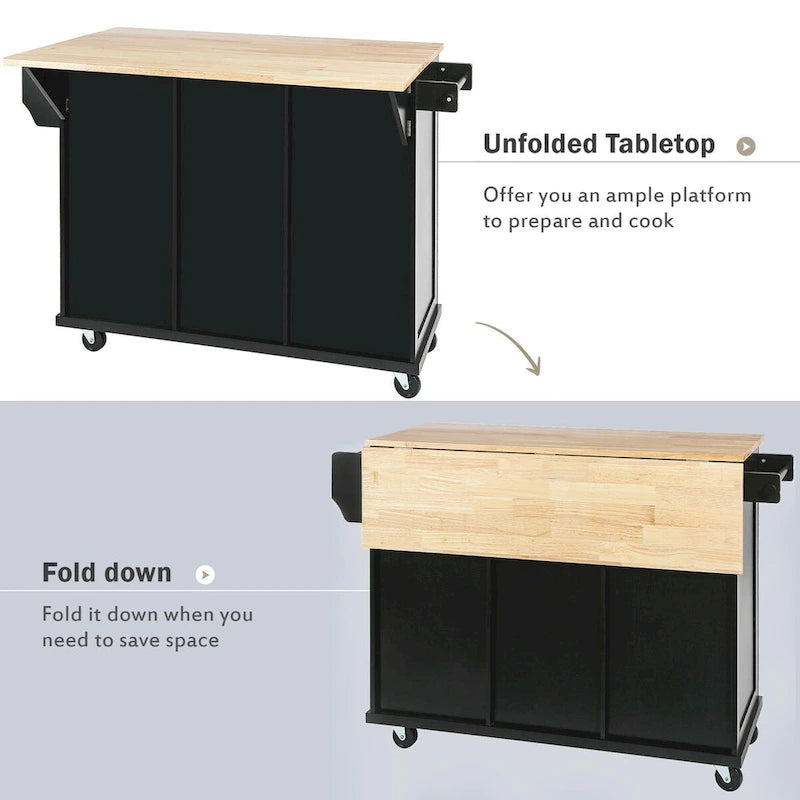 Kitchen Cart with Rubber Wood Drop-Leaf Countertop , Internal Storage Racks