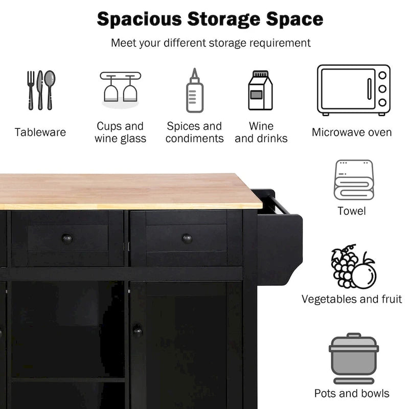 Kitchen Cart with Rubber Wood Drop-Leaf Countertop , Internal Storage Racks