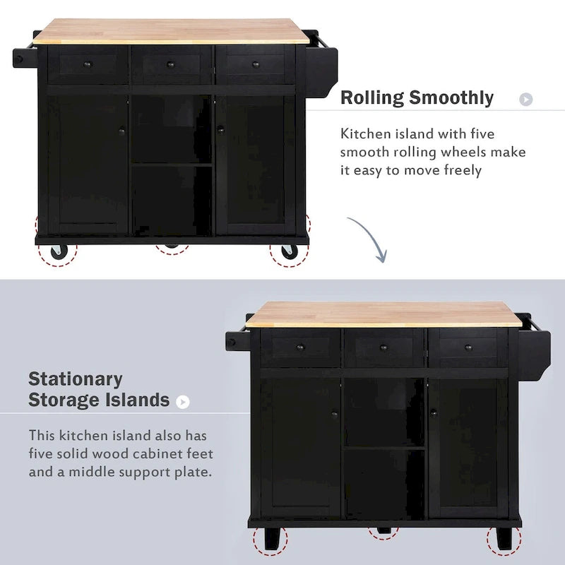 Kitchen Cart with Rubber Wood Drop-Leaf Countertop , Internal Storage Racks
