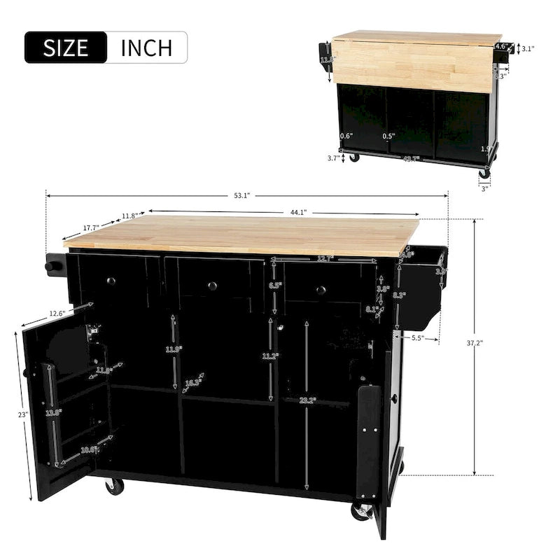 Kitchen Cart with Rubber Wood Drop-Leaf Countertop , Internal Storage Racks