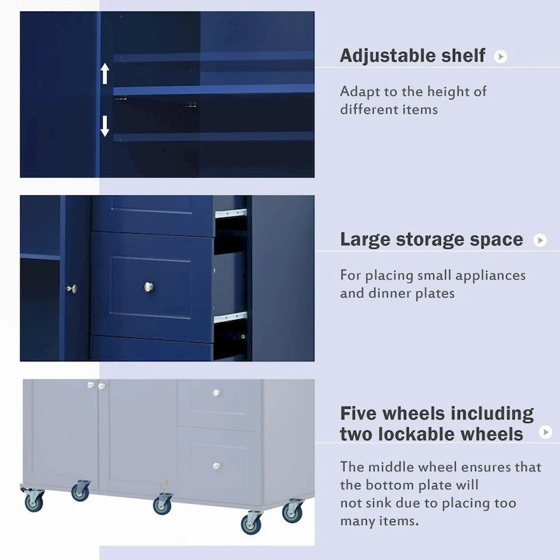 Rolling Mobile Kitchen Island with Drop Leaf - Solid Wood Top, Locking Wheels & Storage Cabinet 52.7 Inch Width(Dark blue)