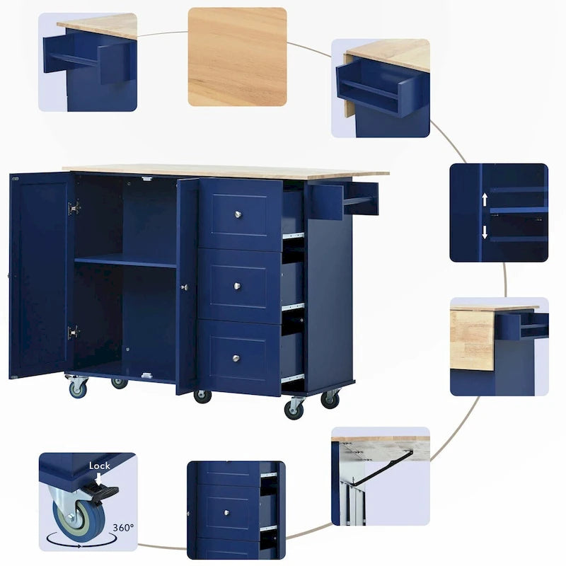Rolling Mobile Kitchen Island with Drop Leaf - Solid Wood Top, Locking Wheels & Storage Cabinet 52.7 Inch Width(Dark blue)