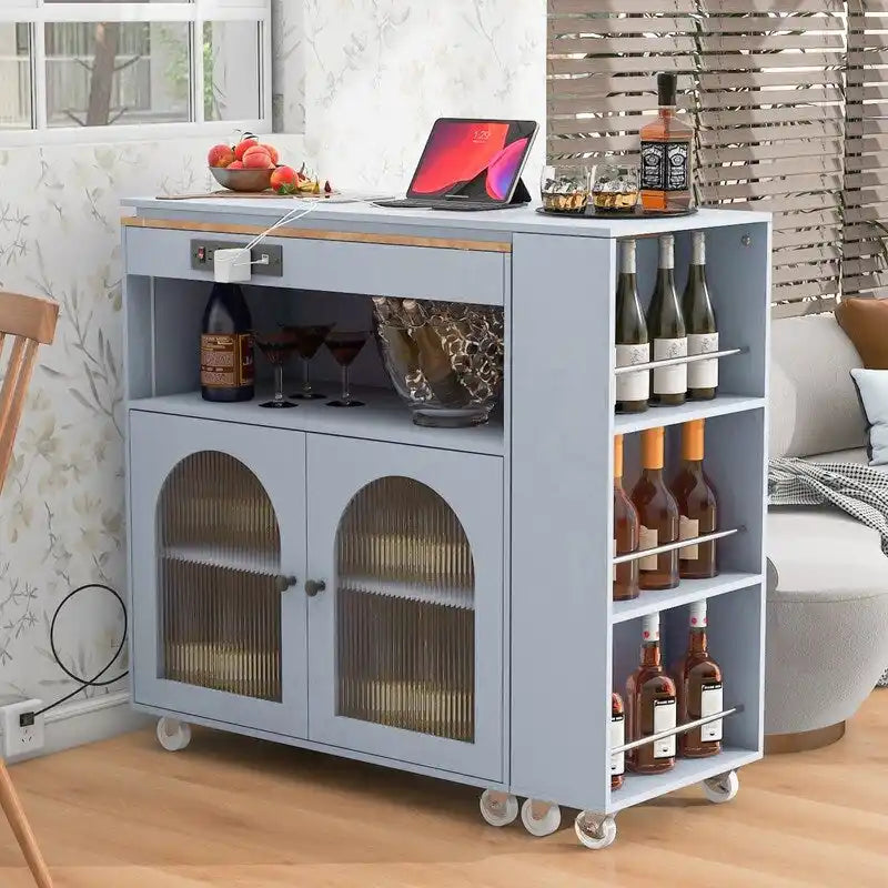 Rolling Kitchen Island With Extended Table,with LED Lights,Glass Doors