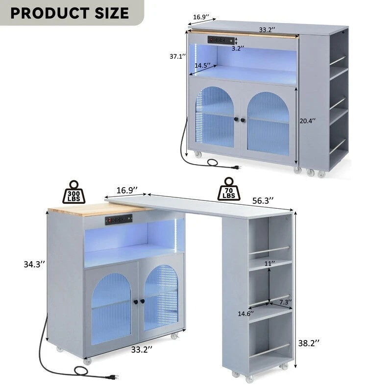Rolling Kitchen Island With Extended Table,with LED Lights,Glass Doors