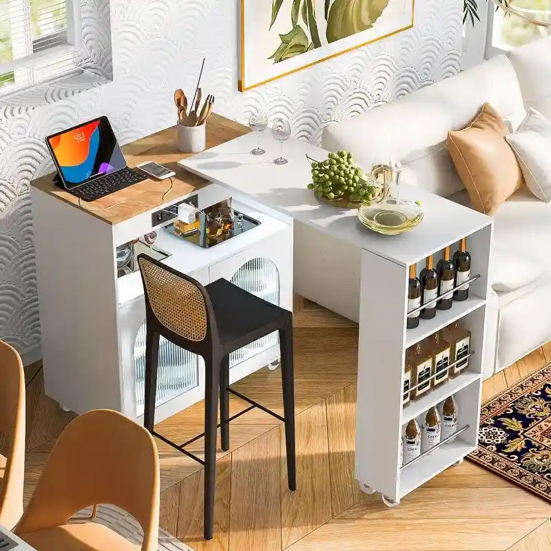 Rolling Kitchen Island With Extended Table,with LED Lights,Glass Doors