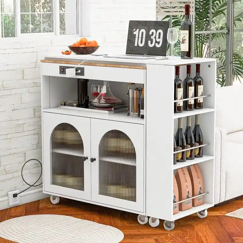 Rolling Kitchen Island With Extended Table,with LED Lights,Glass Doors