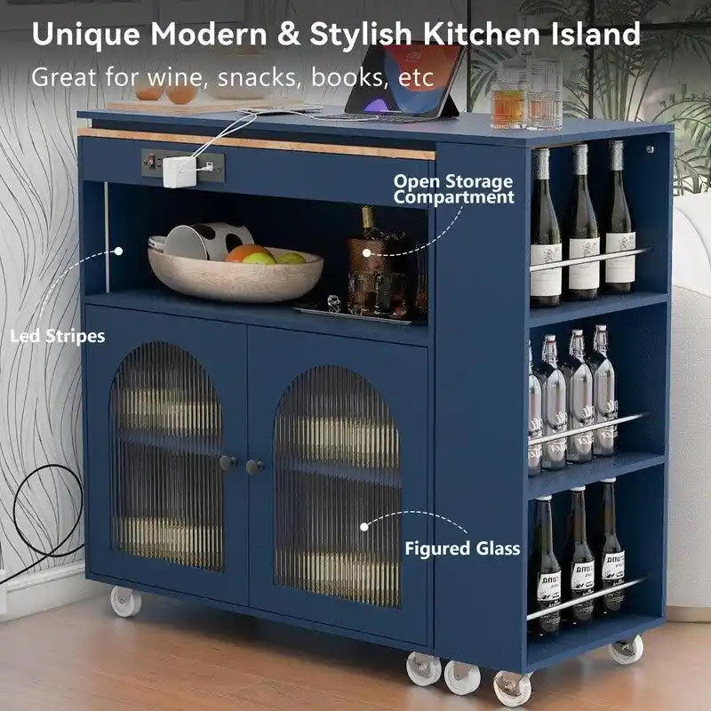 Rolling Kitchen Island With Extended Table,with LED Lights,Glass Doors