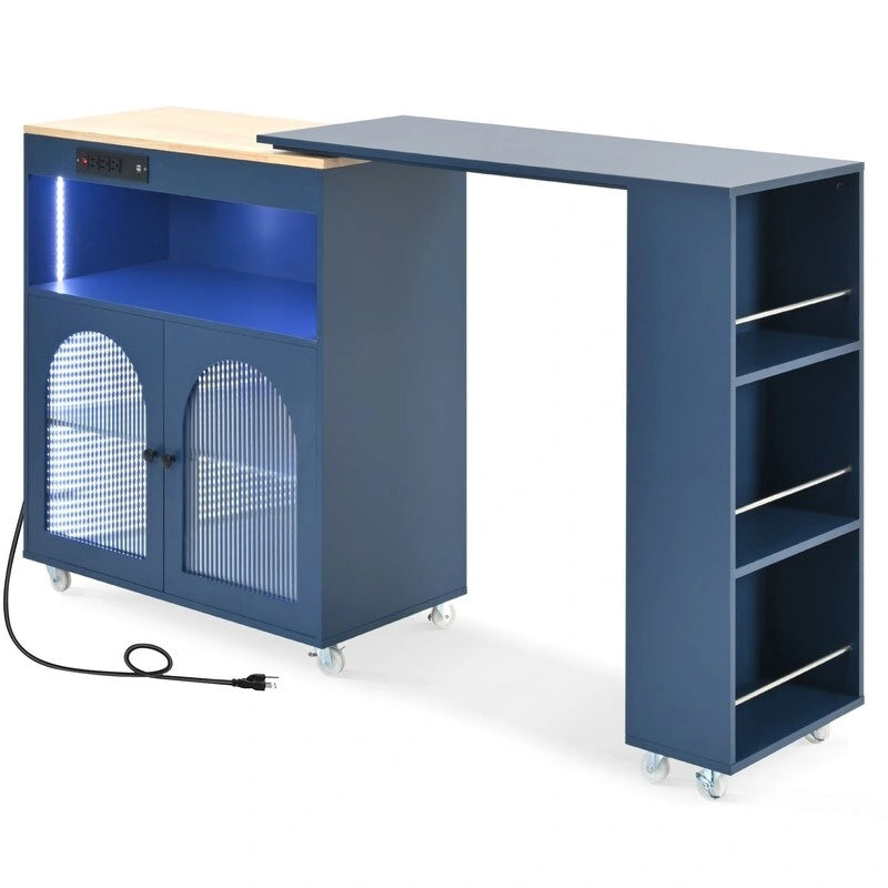 Rolling Kitchen Island With Extended Table,with LED Lights,Glass Doors