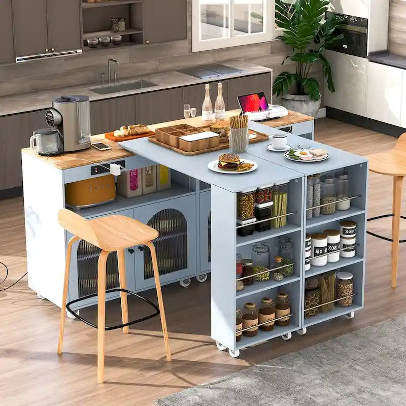Rolling Kitchen Island with Movable Extended Table on Wheels,LED Lights Power Outlets & Fluted Doors,3 Open Adjustable Shelves