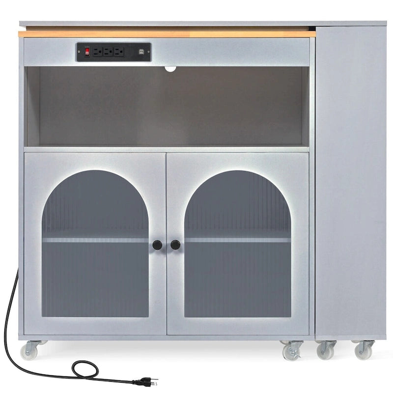 Rolling Kitchen Island with Movable Extended Table on Wheels,LED Lights Power Outlets & Fluted Doors,3 Open Adjustable Shelves