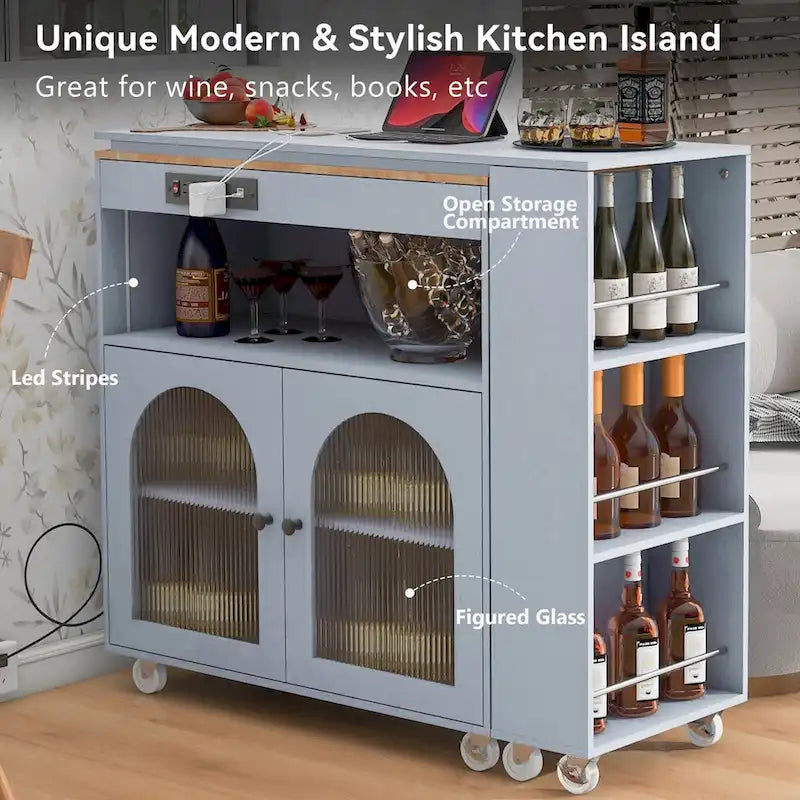 Rolling Kitchen Island with Movable Extended Table on Wheels,LED Lights Power Outlets & Fluted Doors,3 Open Adjustable Shelves