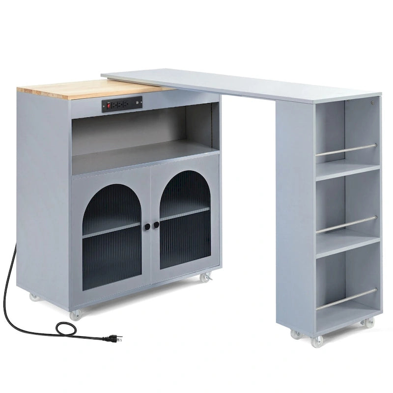 Rolling Kitchen Island with Movable Extended Table on Wheels,LED Lights Power Outlets & Fluted Doors,3 Open Adjustable Shelves