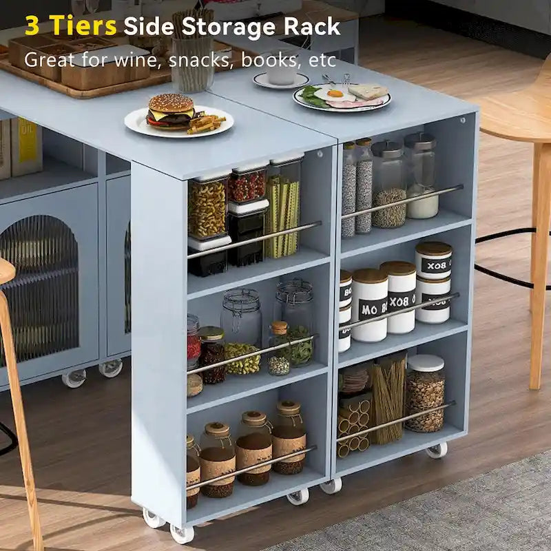 Rolling Kitchen Island with Movable Extended Table on Wheels,LED Lights Power Outlets & Fluted Doors,3 Open Adjustable Shelves
