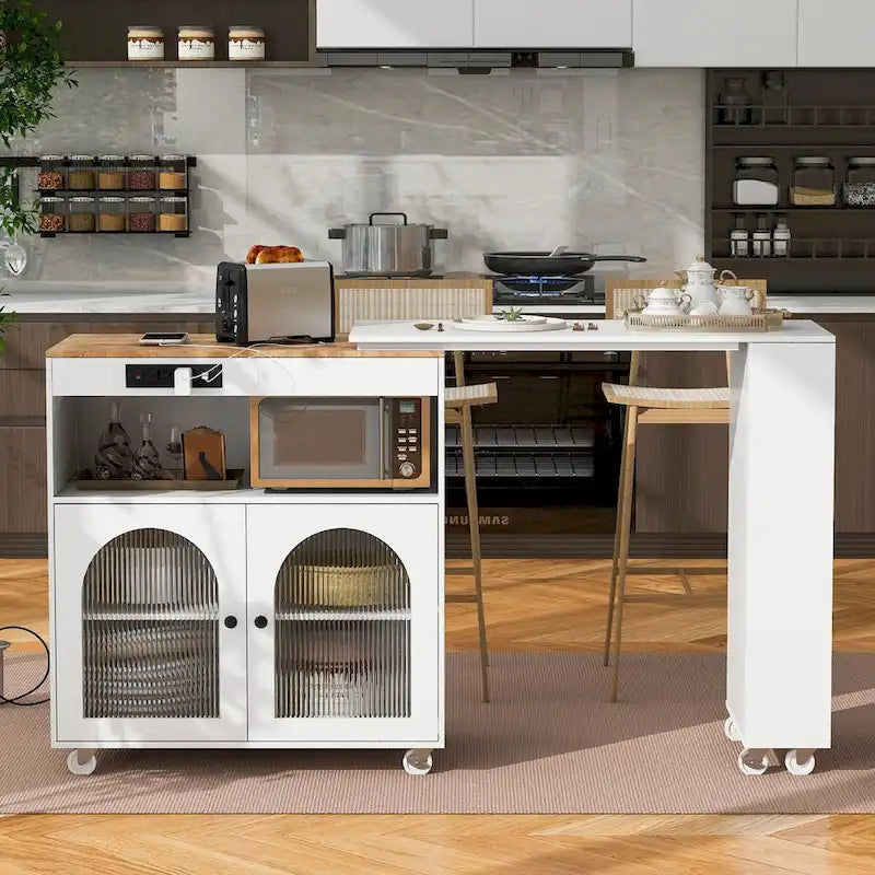 Rolling Kitchen Island with Movable Extended Table on Wheels,LED Lights Power Outlets & Fluted Doors,3 Open Adjustable Shelves