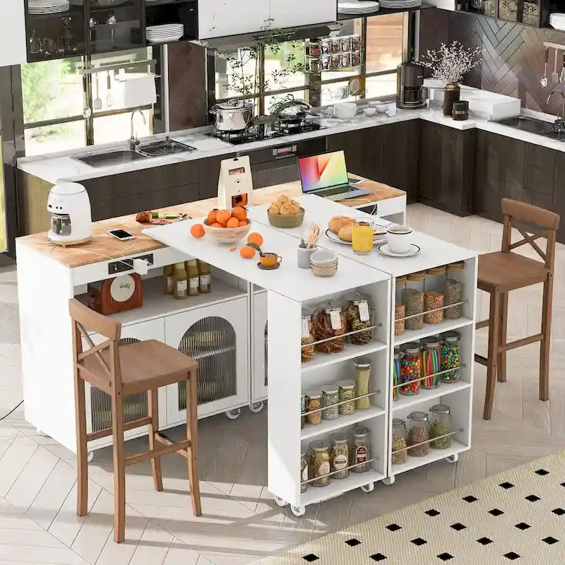 Rolling Kitchen Island with Movable Extended Table on Wheels,LED Lights Power Outlets & Fluted Doors,3 Open Adjustable Shelves