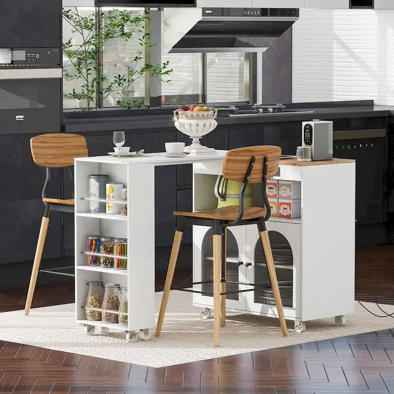 Rolling Kitchen Island with Movable Extended Table on Wheels,LED Lights Power Outlets & Fluted Doors,3 Open Adjustable Shelves