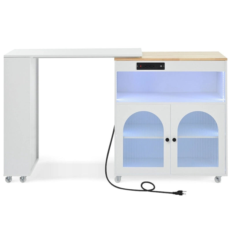 Rolling Kitchen Island with Movable Extended Table on Wheels,LED Lights Power Outlets & Fluted Doors,3 Open Adjustable Shelves