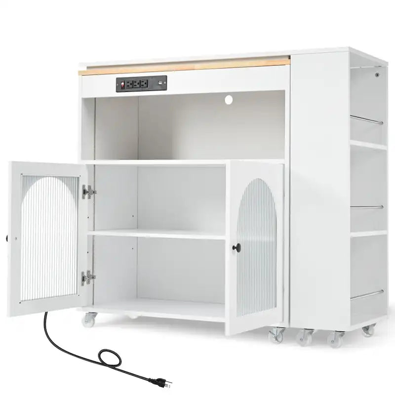Rolling Kitchen Island with Movable Extended Table on Wheels,LED Lights Power Outlets & Fluted Doors,3 Open Adjustable Shelves