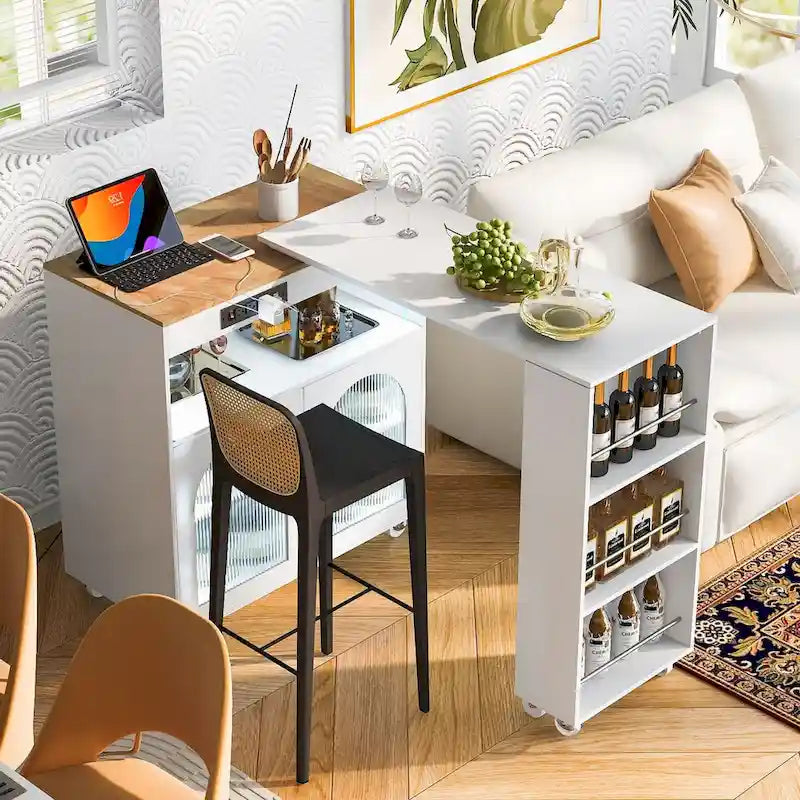 Rolling Kitchen Island with Movable Extended Table on Wheels,LED Lights Power Outlets & Fluted Doors,3 Open Adjustable Shelves