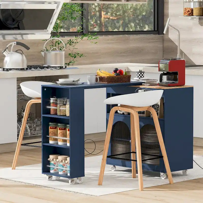 Rolling Kitchen Island with Movable Extended Table on Wheels,LED Lights Power Outlets & Fluted Doors,3 Open Adjustable Shelves