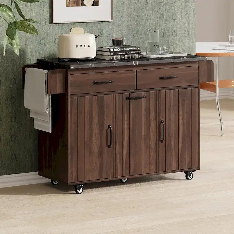 Kitchen Island with Trash Can Storage Cabinet, Drop-Leaf Cart, Spice&Towel Rack, Rolling Cart On Wheels with Adjustable Shelf