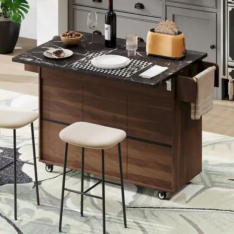 Kitchen Island with Trash Can Storage Cabinet, Drop-Leaf Cart, Spice&Towel Rack, Rolling Cart On Wheels with Adjustable Shelf