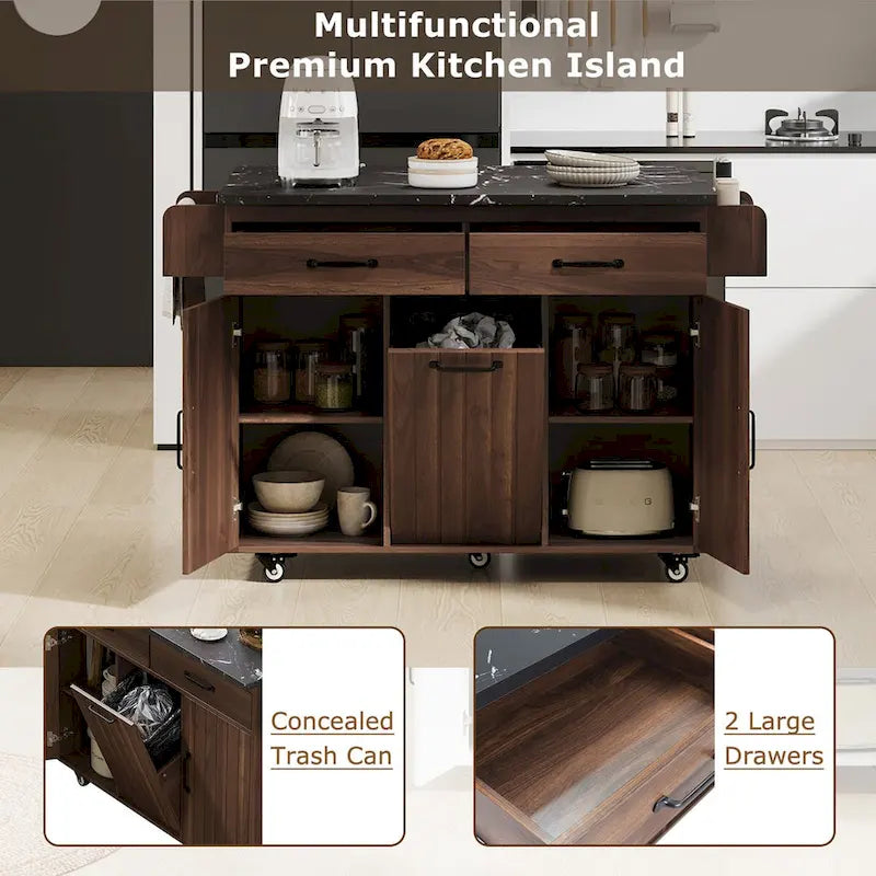 Kitchen Island with Trash Can Storage Cabinet, Drop-Leaf Cart, Spice&Towel Rack, Rolling Cart On Wheels with Adjustable Shelf
