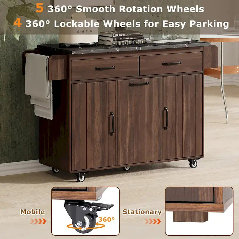 Kitchen Island with Trash Can Storage Cabinet, Drop-Leaf Cart, Spice&Towel Rack, Rolling Cart On Wheels with Adjustable Shelf