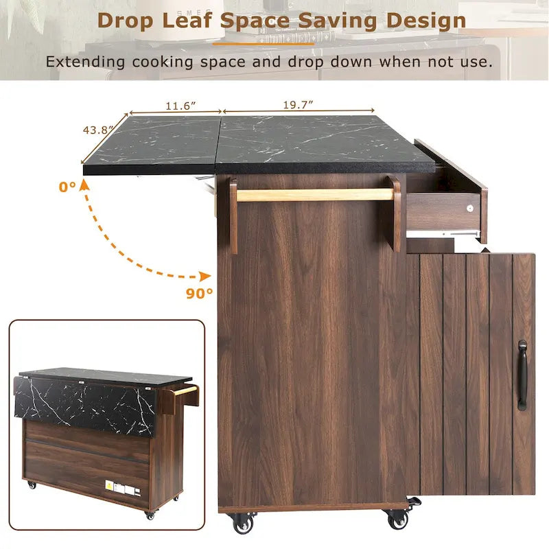 Kitchen Island with Trash Can Storage Cabinet, Drop-Leaf Cart, Spice&Towel Rack, Rolling Cart On Wheels with Adjustable Shelf
