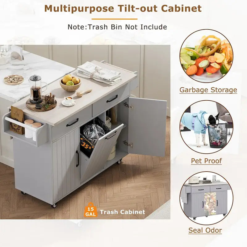 Kitchen Island with Trash Can Storage Cabinet, Drop-Leaf Cart, Spice&Towel Rack, Rolling Cart On Wheels with Adjustable Shelf