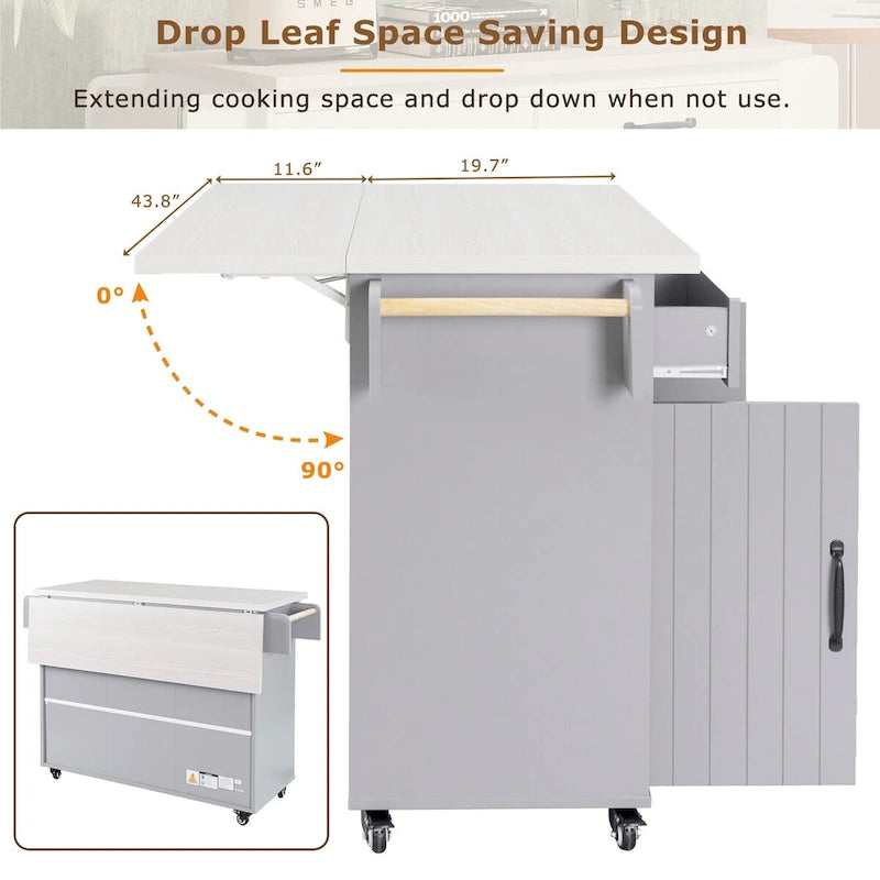 Kitchen Island with Trash Can Storage Cabinet, Drop-Leaf Cart, Spice&Towel Rack, Rolling Cart On Wheels with Adjustable Shelf