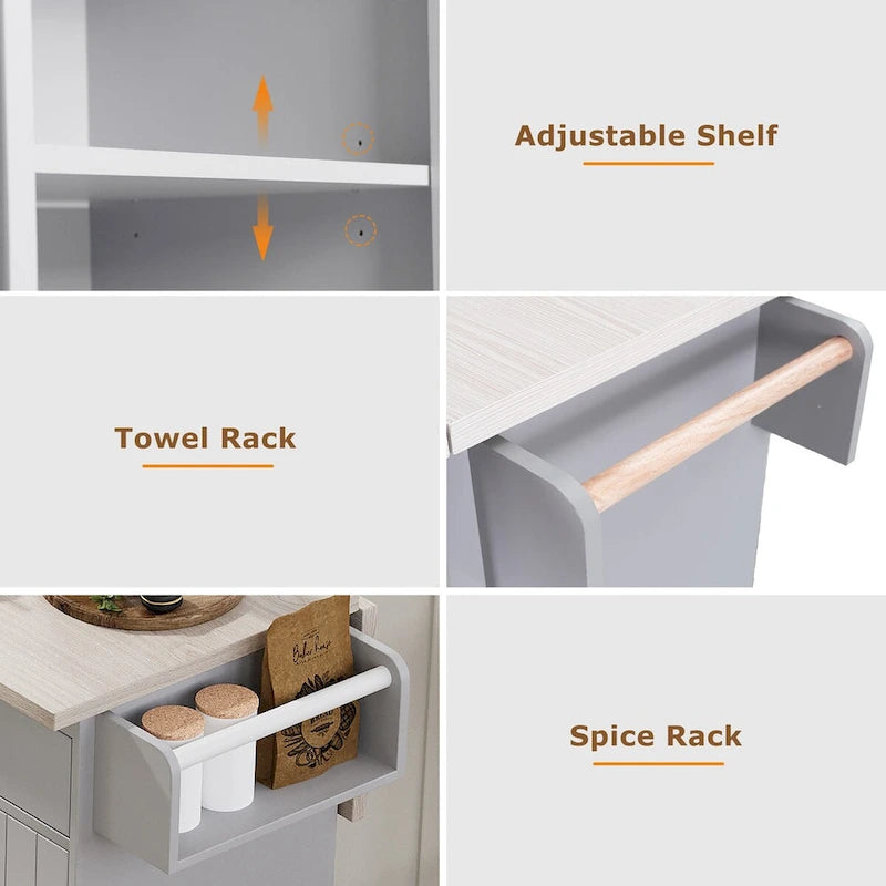 Kitchen Island with Trash Can Storage Cabinet, Drop-Leaf Cart, Spice&Towel Rack, Rolling Cart On Wheels with Adjustable Shelf