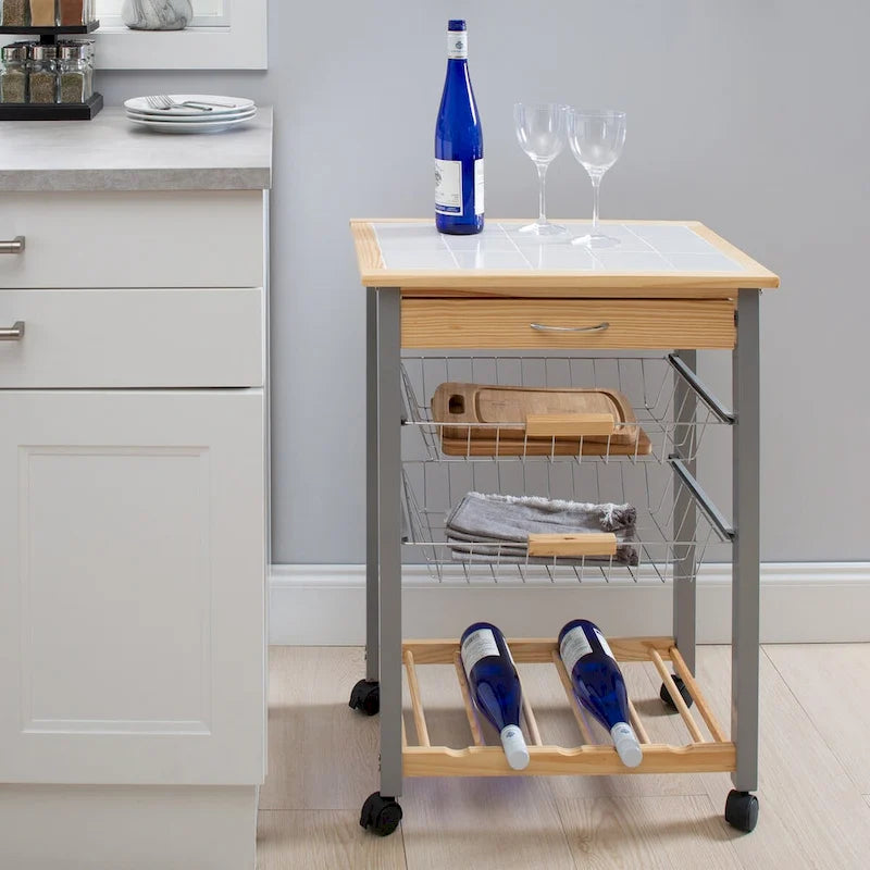 Organize It All Rolling Kitchen Cart with Wine Rack - 22.50 x 14.50 x 30.00