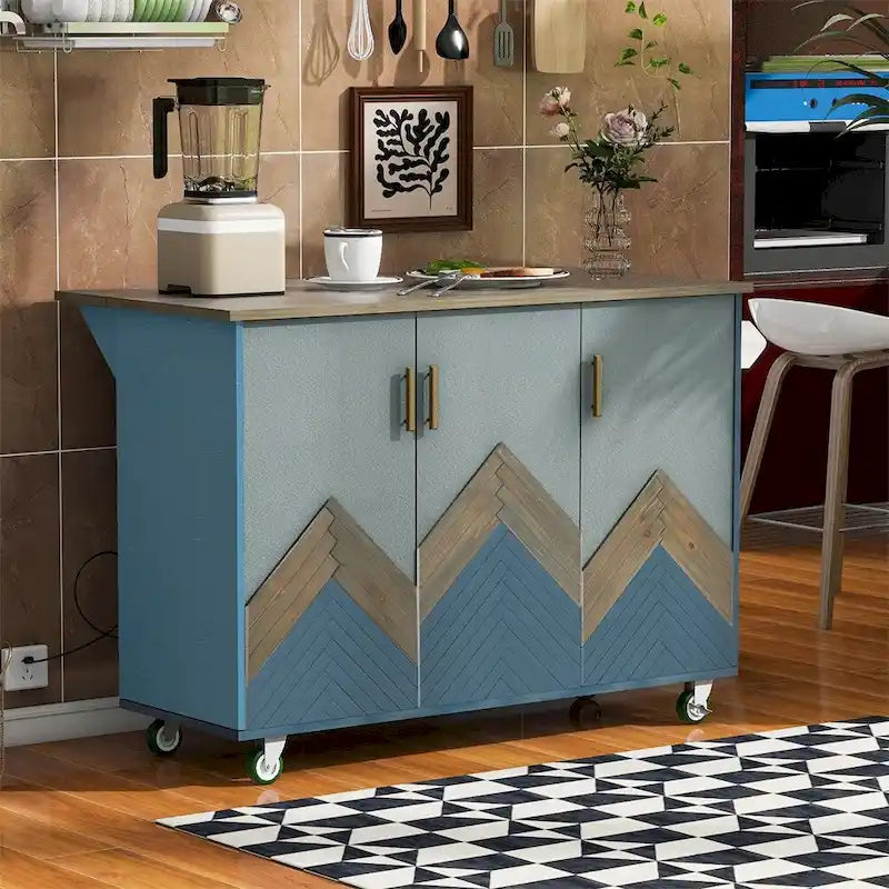 Retro Mountain Wood Kitchen Island with Drop Leaf, Storage Rack