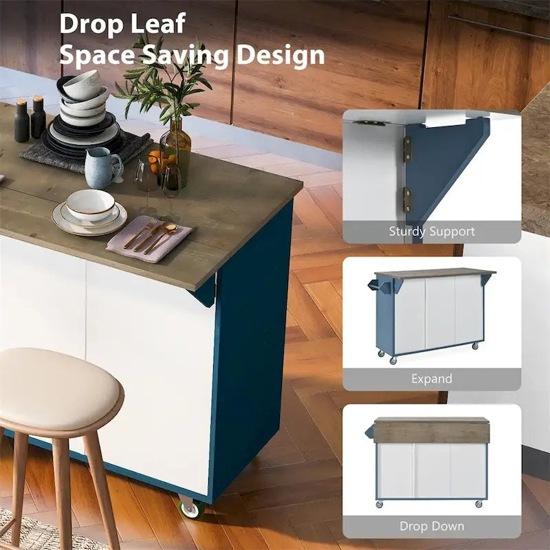 Retro Mountain Wood Kitchen Island with Drop Leaf, Storage Rack