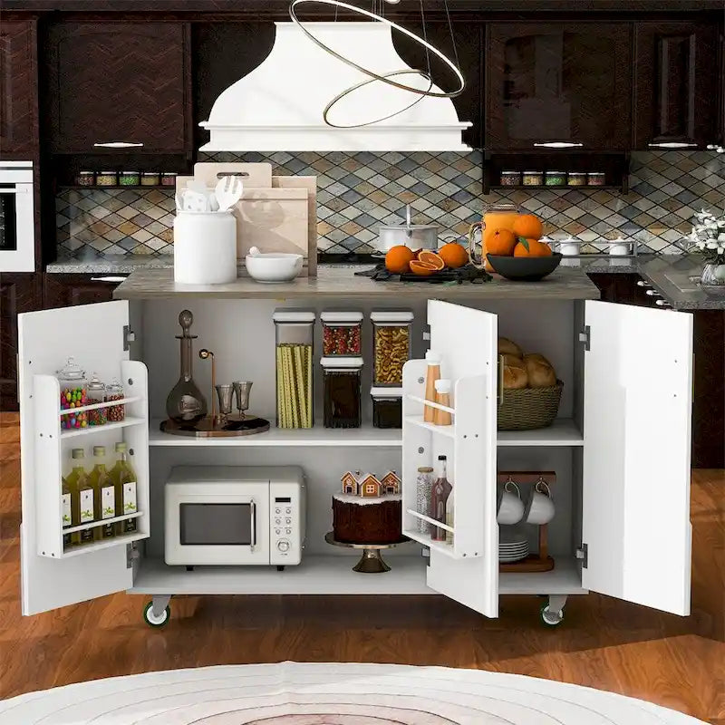 Retro Mountain Wood Kitchen Island with Drop Leaf, Storage Rack