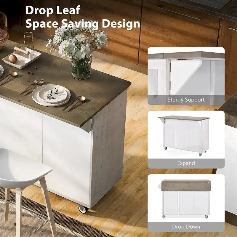 Retro Mountain Wood Kitchen Island with Drop Leaf, Storage Rack