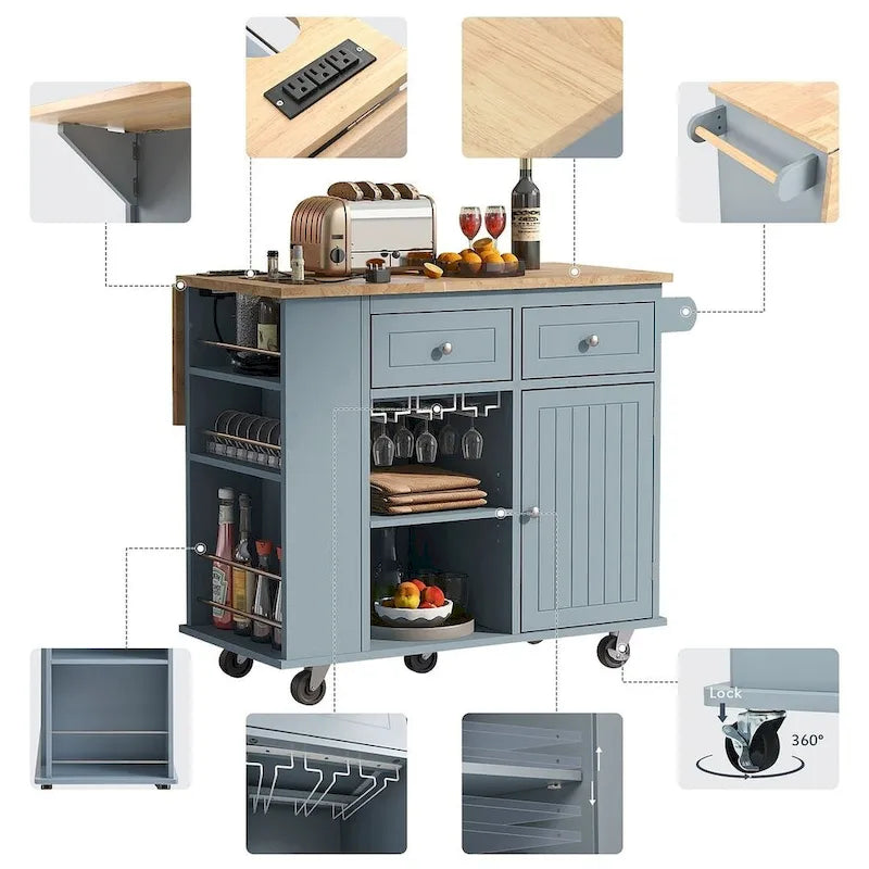 Kitchen Island Cart with Wheels ,Power Outlet, Drop Leaf, Wine Rack