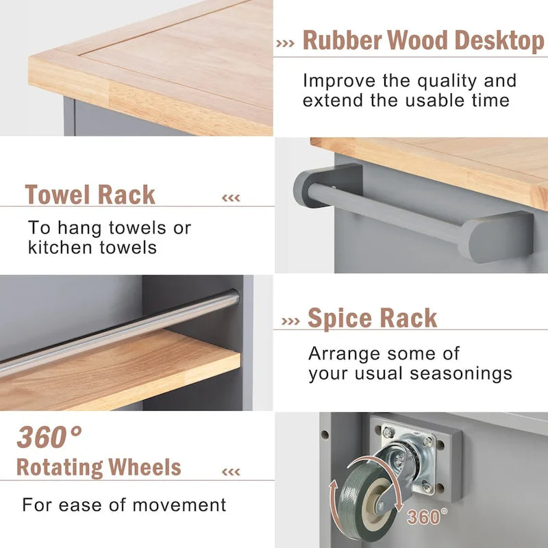 Wood Rolling Kitchen Island with 2 Drawers and 3 Open Compartments