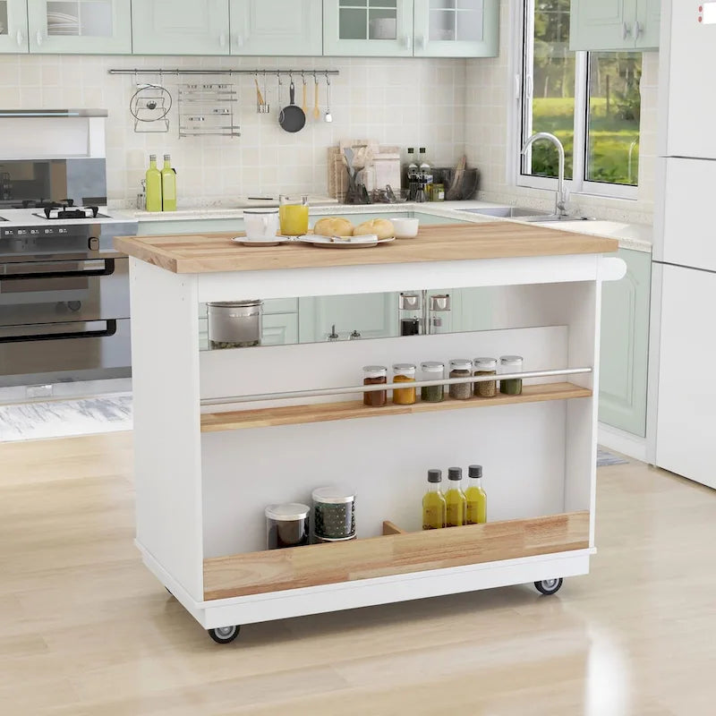 Wood Rolling Kitchen Island with 2 Drawers and 3 Open Compartments